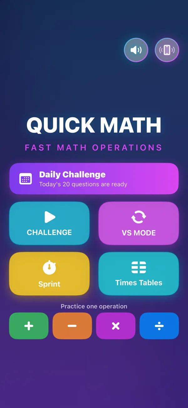 Quick Math home screen with Daily Challenge, Sprint and Times Tables